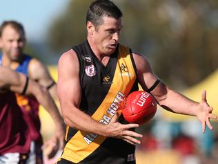 24.5.2014. Brownlow Medallist Shane Crawford plays for hapless Aldinga, against almost-as-hapless O'Sullivans Beach/Lonsdale at Aldinga Oval. pic tait schmaal.