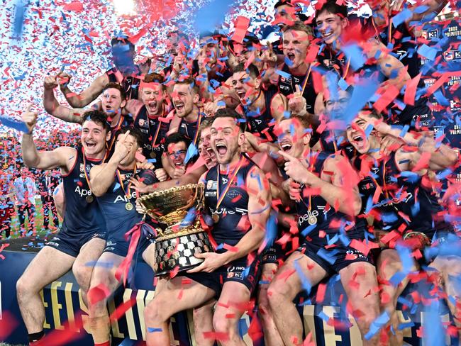 Redlegs players celebrate after winning the SANFL Grand Final match between Norwood and North Adelaide at Adelaide Oval, Sunday, September 18, 2022. (SANFL Image/Scott Starkey)