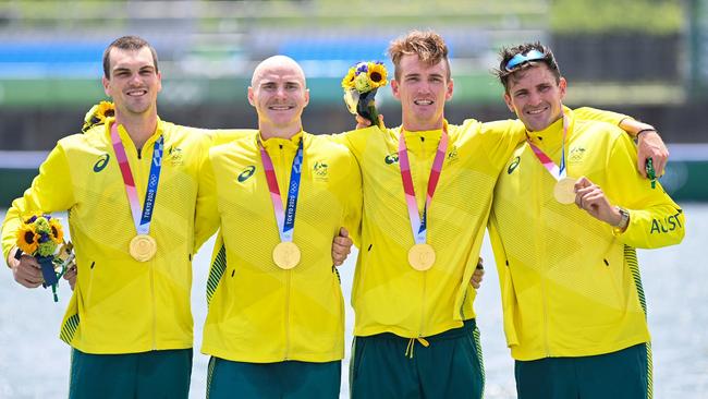 Alexander Purnell, Spencer Turrin, Jack Hargreaves and Alexander Hill with their gold medals. Picture: AFP