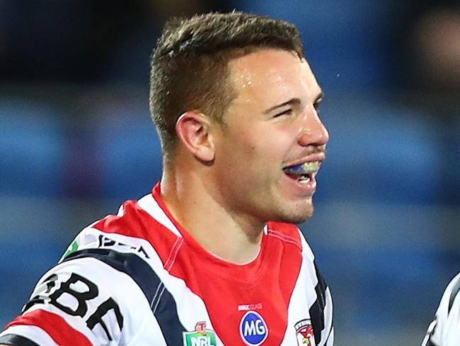 GOLD COAST, AUSTRALIA - JULY 15:  Sean O'Sullivan of the Roosters celebrates a try during the round 18 NRL match between the Gold Coast Titans and the Sydney Roosters at Cbus Super Stadium on July 15, 2018 in Gold Coast, Australia.  (Photo by Chris Hyde/Getty Images)