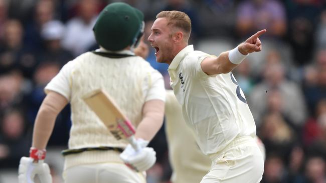 Stuart Broad celebrates the wicket of David Warner at Old Trafford in 2019. Picture: Stu Forster/Getty Images