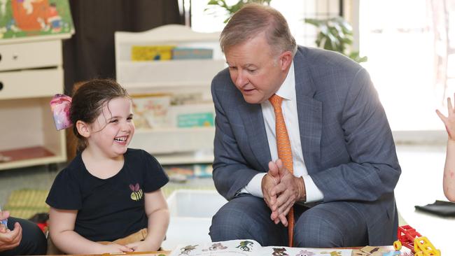 Anthony Albanese with Aubree Adams at Cribb Street Childcare Centre in Sadliers Crossing, Queensland. Picture: News Corp