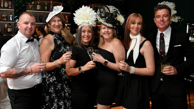 Derby Day celebrations at Flinders Lane. Shaun O'Neill, Lorraine Rafter, Bianca Medina, Danielle Flynn, Hayley Sutton and David Cahill. Picture: Evan Morgan