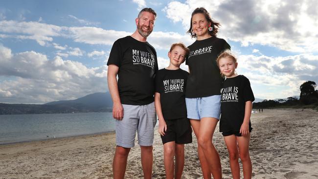 Claire with children Campbell 10 and Elsie 7 and husband Toby Symons. Claire Symons of Hobart who faced breast cancer in her 30s and is now wanting to raise awareness about the long term recovery post cancer. Picture: Nikki Davis-Jones