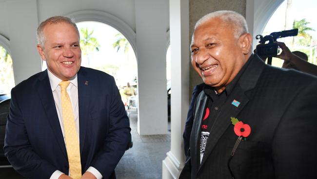 Prime Minister Scott Morrison with the Fiji Prime Minister Frank Bainimarama at the Grand Pacific Hotel in Suva, Fiji on Friday. Picture: AAP