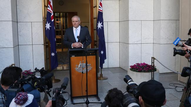 Scott Morrison talks to reporters at Parliament House. Picture: Gary Ramage.