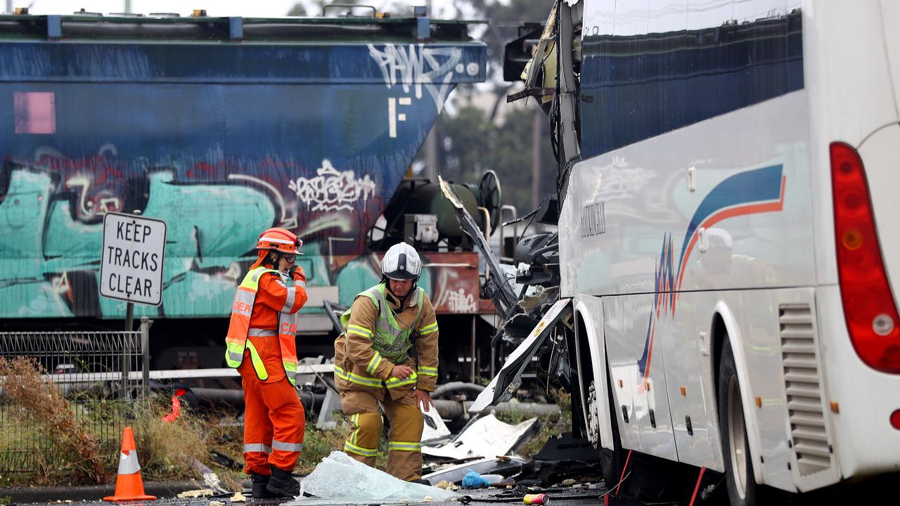 A bus collided with a freight train at the Station St rail crossing at North Shore in April last year. Picture: Alison Wynd