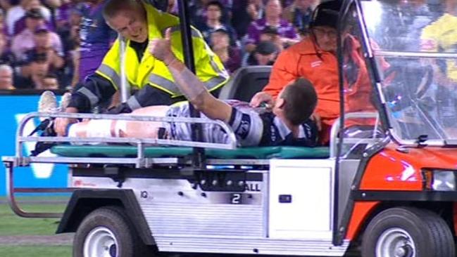 Shaun Fensom injured during the 2017 NRL Grand Final. Source: 9
