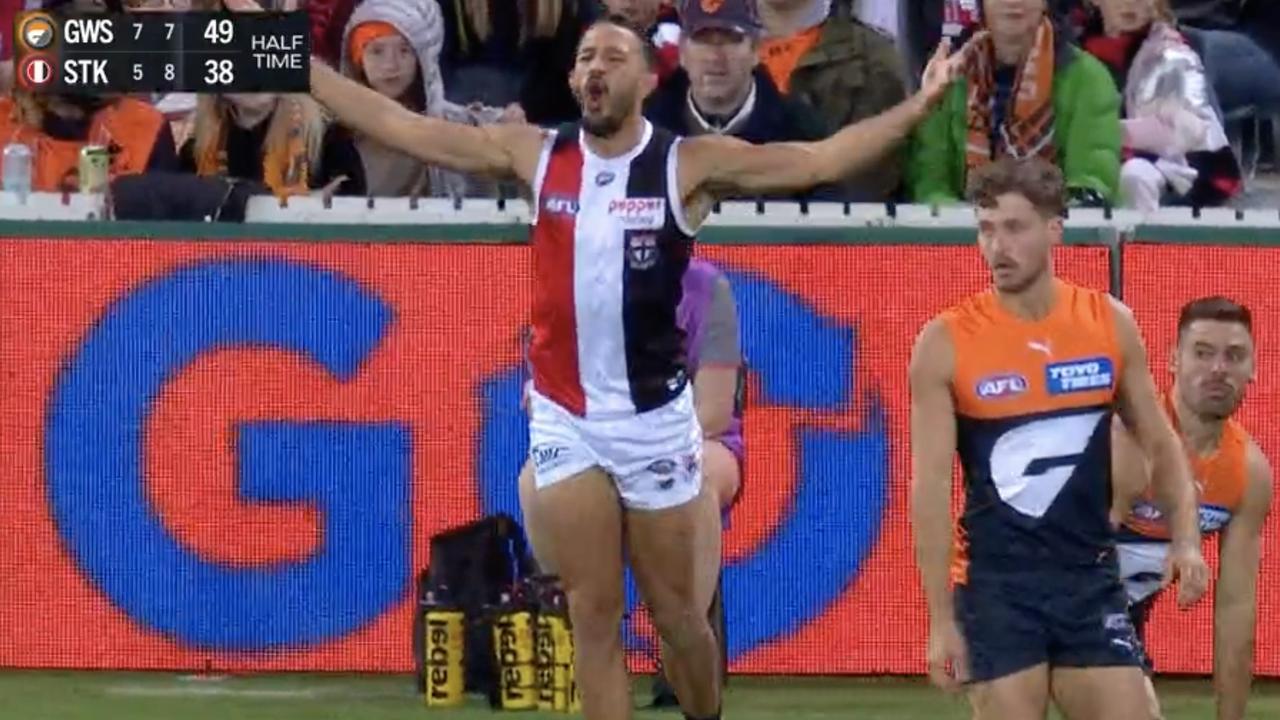 St Kilda's Ben Long disputes an umpire's decision in the first half. No 50m penalty was paid. Picture: Fox Footy