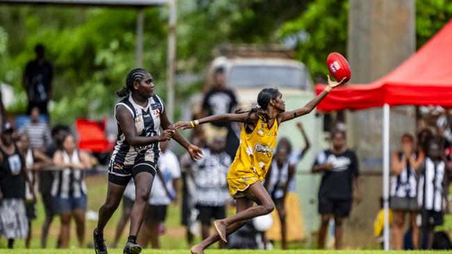 History was made as the Muluwurri Magpies beat the Tapalinga Superstars in the inaugural 2023 Tiwi Islands Football League women's grand final. Picture: Patch Clapp / AFLNT Media