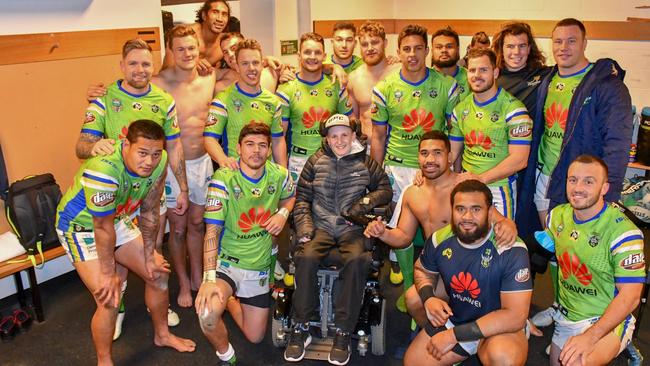 The Raiders with Louie Mould, who broke his neck in a trampoline accident.