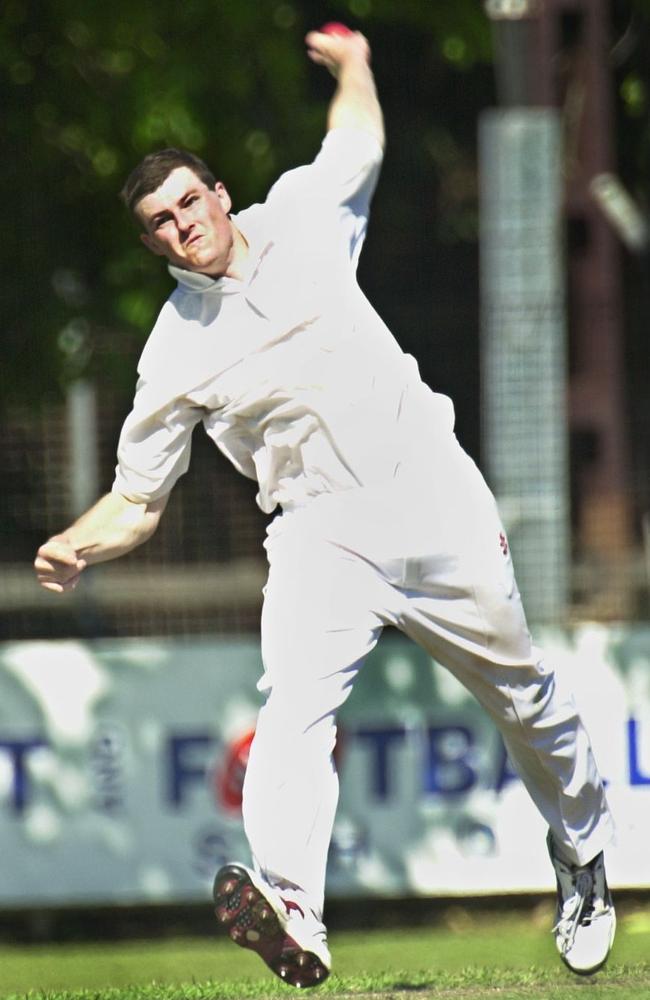 Palmerston bowler Peter Hills sends one down to the Waratahs batsman.