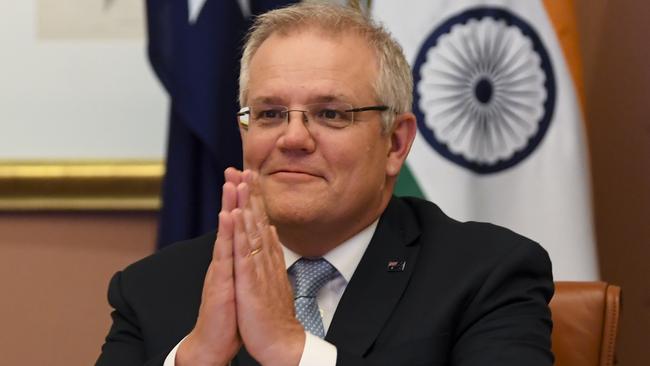 Scott Morrison speaks to Indian Prime Minister Narendra Modi during the 2020 Virtual Leaders Summit between on Thursday. Picture: AAP