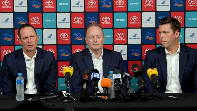 Former Crows coach Don Pyke, Crows chairman Rob Chapman and CEO Andrew Fagan. Picture: Mark Brake/Getty Images