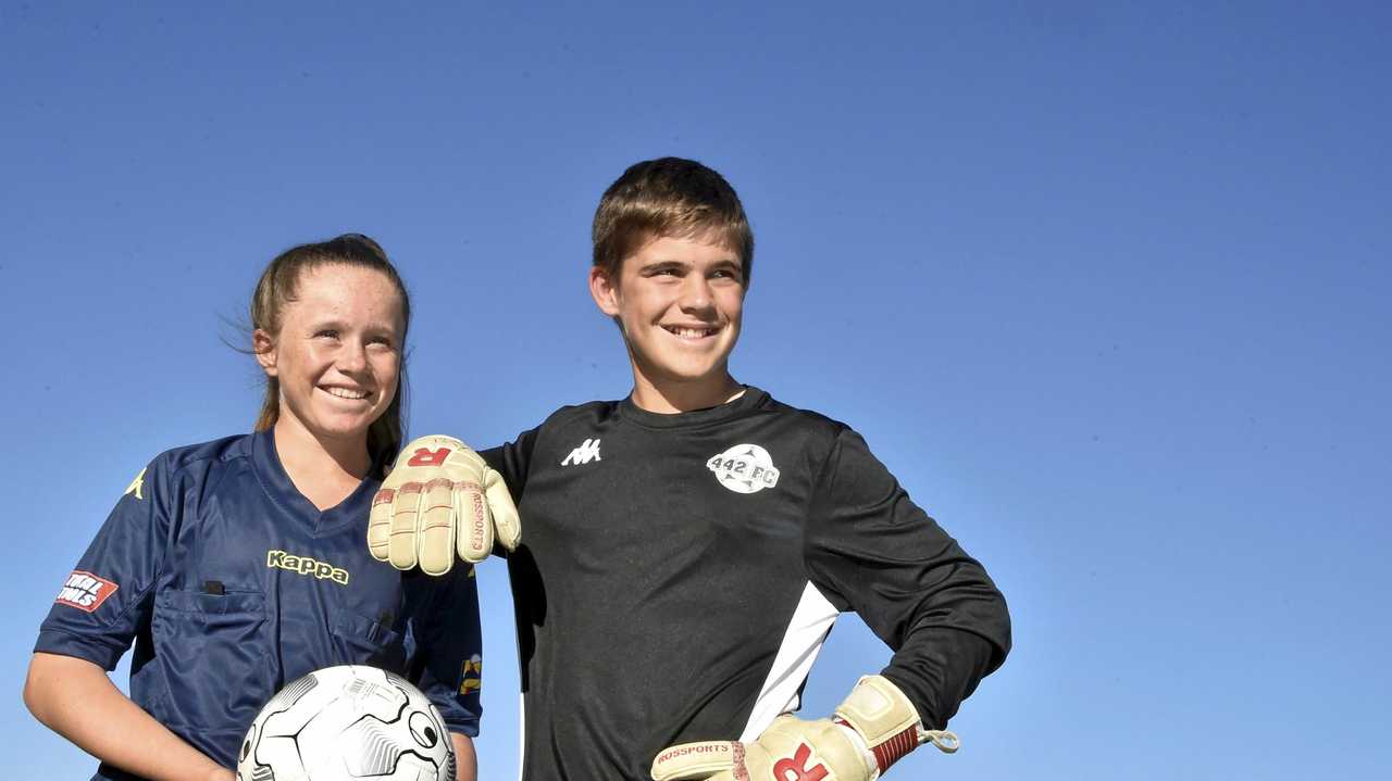 SPORTY SIBLINGS: Layla and Flynn Proctor will feature at the School Sport Australia Championships (Football) from September 16-21 in Sydney. Layla will line-up as referee while Flynn will be in goal for Queensland. Picture: Bev Lacey