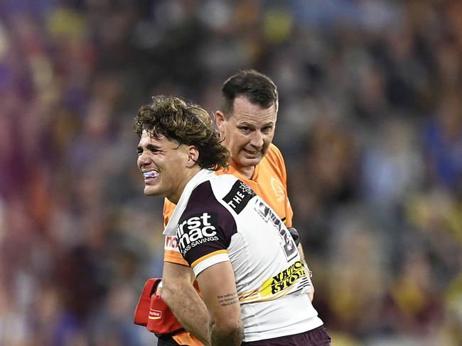 Reece Walsh failed to finish the game, after battling with a wrist injury. Picture: Getty Images