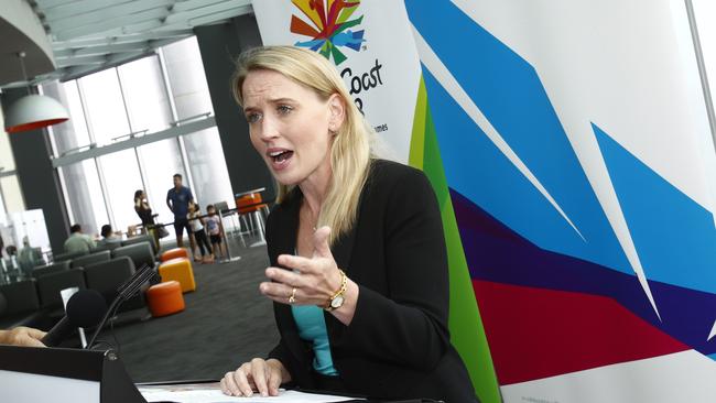 Kate Jones speaks to tourism heavyweights at Q1 on the Gold Coast yesterday. Photo: Kit Wise