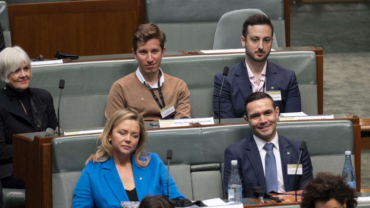 New Greens MPs at politician school. Back row (from left) Elizabeth Watson-Brown (Ryan), Max Chandler-Mather (Griffith) and Stephen Bates (Brisbane). Picture: NCA NewsWire / Martin Ollman