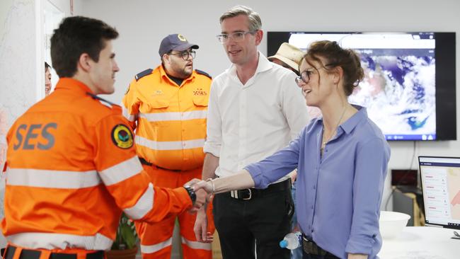 NSW Premier Dominic Perrottet and Emergency Services Minister Stef Cooke meet SES volunteers during a visit to the control centre managing the latest floods in Moree. Picture: John Grainger