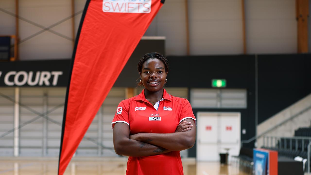 Grace Nweke on court at Ken Rosewall Arena ahead of her Super Netball debut for the NSW Swifts. Photo: May Bailey