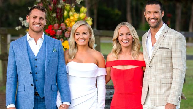 Bachelorette sisters Elly and Becky Miles with their picks. Elly with Frazer Neate (left) and Becky with Pete Mann, right.