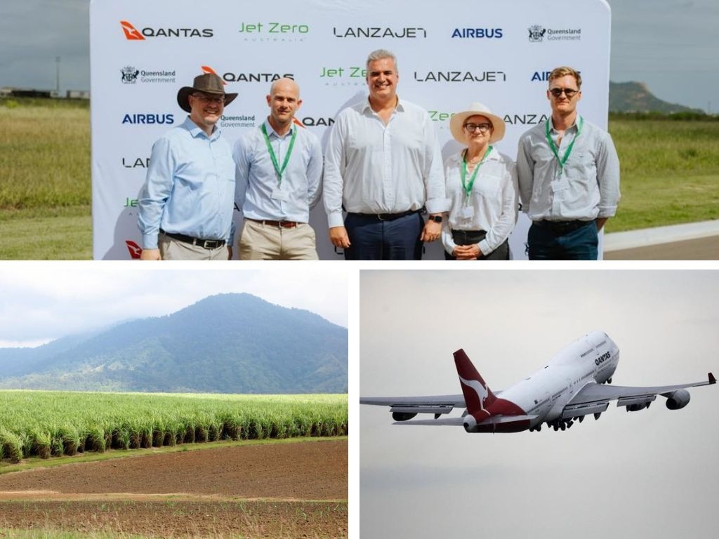 Stephen Forshaw from Airbus, Flyn van Ewijk from LanzaJet, Ed Mason of Jet Zero Australia, Michele Bauer from the Queensland Government and Johnathon Curry from Qantas support SAF production in Townsville.