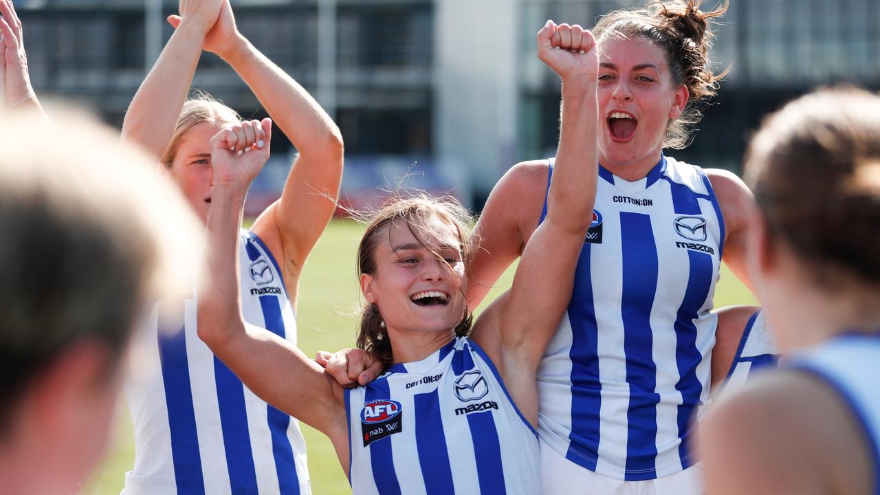 Ashleigh Riddell of the Kangaroos celebrates the win. Picture: Michael Willson/AFL Photos