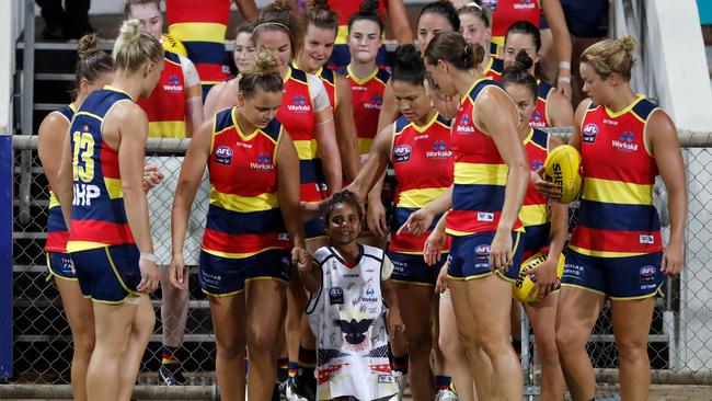 The Crows run onto the ground during at TIO Stadium the last time the AFLW was played in Darwin, back in 2019. Picture: Michael Willson/AFL Media