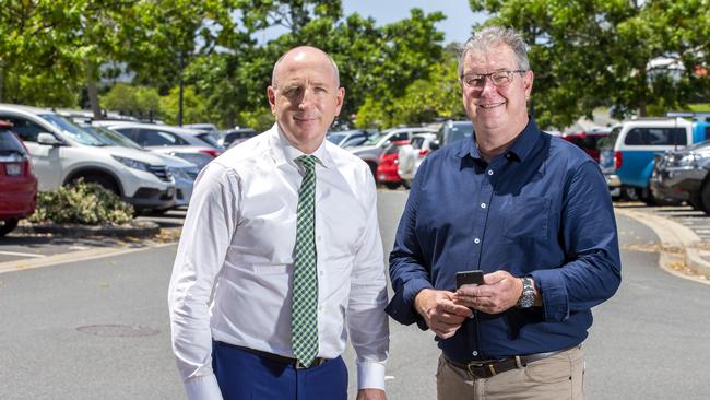 Federal Member for Petrie Luke Howarth and Moreton Bay Regional Councillor Peter Flannery launch smart parking in North Lakes. Picture: AAP Image/Richard Walker