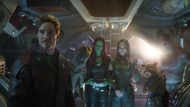 Star-Lord/Peter Quill, played by Chris Pratt, Groot, voiced by Vin Diesel, Gamora, played by Zoe Saldana, Mantis, played by Pom Klementieff, Rocket, voiced by Bradley Cooper, and Drax played by Dave Bautista. Picture: Film Frame/ Marvel Studios 2018.