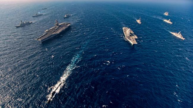 Maritime security training in the South Pacific could be facilitated with India’s new theatre command. The Indian Navy takes part in November 2020 Malabar exercise in the Arabian Sea with Australia, Japan and the US. Picture: Indian Navy via AFP