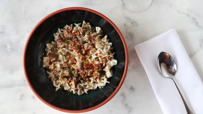 Manti - Turkish beef dumplings, maras pepper, minted garlic yoghurt and burnt butter. Picture: Rebecca Michael