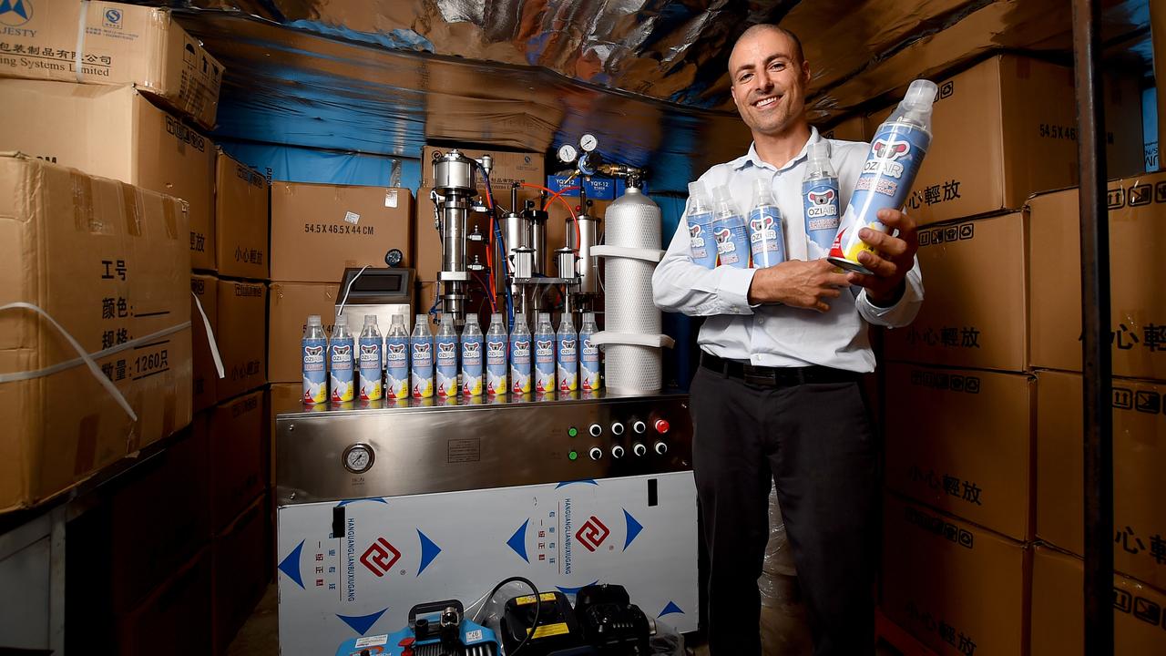 Joe Duchiera, founder of Ozi Air, in his garage, from which he runs his new business. Picture: Naomi Jellicoe