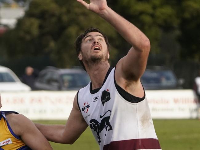 EFL Premier Division: Noble Park v Doncaster East at Pat Wright Snr Oval. Kieren Byers - Noble Park and Lachlan Waddell  - Doncaster East. Picture: Valeriu Campan