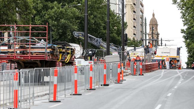 Construction on the tram extension along North Terrace. Picture: AAP / Russell Millard