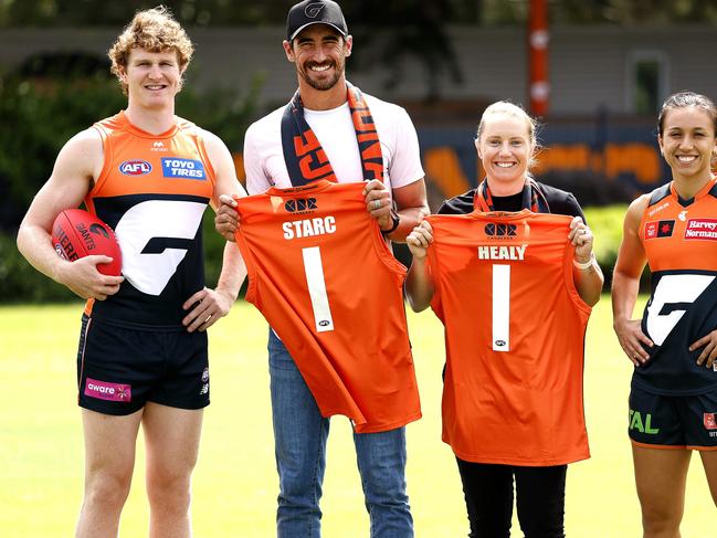 Australian cricketers Mitchell Starc and Alyssa Healy who have been announced as the number one ticket holders for the GWS Giants in season 2025, pictured with Tom Green and Rebecca Beeson Photo by Phil Hillyard (Image Supplied for Editorial Use only - **NO ON SALES** - Â©Phil Hillyard )