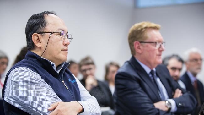 Proponent Ronald Hu and his lawyer Shaun McElwaine. At Tasmanian Planning Commission building, hearing to decide whether to allow planning amendment to give green light to Cambria Green development. Picture: RICHARD JUPE