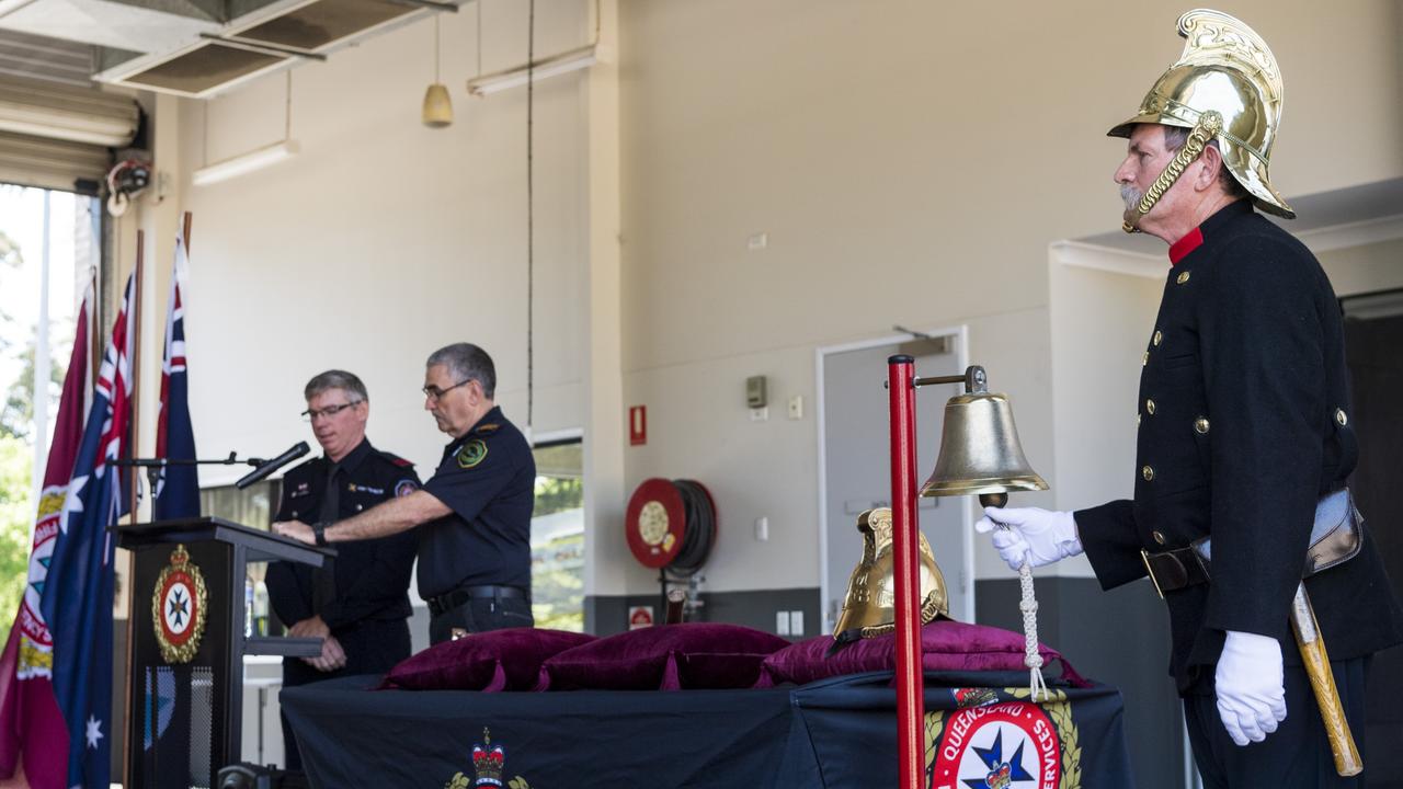 Auxiliary Firefighter Luke Robinson (left) and Rural Firefighter Rod Morris read names from the Firefighter's Honour Roll as retired Firefighter Lester Naumann tolls the bell during the Firefighters Remembrance Day service at Kitchener Street Fire Station, Sunday, October 10, 2021. Picture: Kevin Farmer