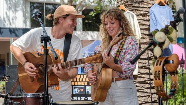 Tyson Richardson and Laura Kirkup of Sunday Lemonade, an indie pop/folk duo from the Mornington Peninsula, busking on Peel Street this week as part of the Tamworth Country Music Festival. Picture: Antony Hands
