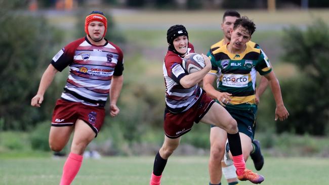 19th September 2020, Nerang Bulls player Will Bird breaks the defensive line during the Gold Cast District Rugby Union First Grade clash between Nerang Bulls and Surfers Paradise Dolphins Photo: Scott Powick News Corp