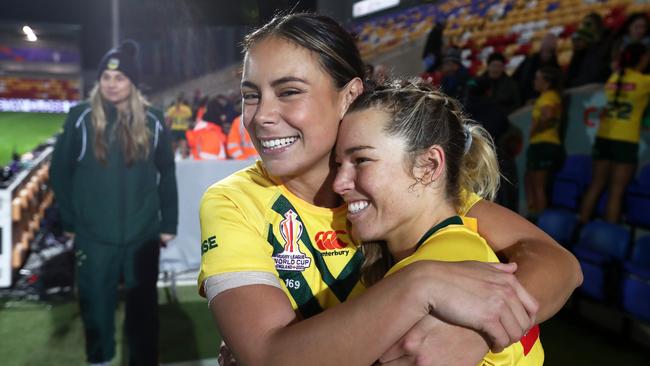 Taliah Fuimaono alongside fellow Steelers recruit Emma Tonegato at the Women's Rugby League World Cup in York, England. (Photo by George Wood/Getty Images for RLWC)