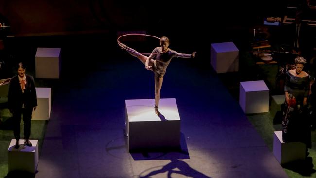 Jane Sheldon (right) and Lauren Stephenson sing while Jessica Connell performs with a hoop. Picture: Steven Godbee