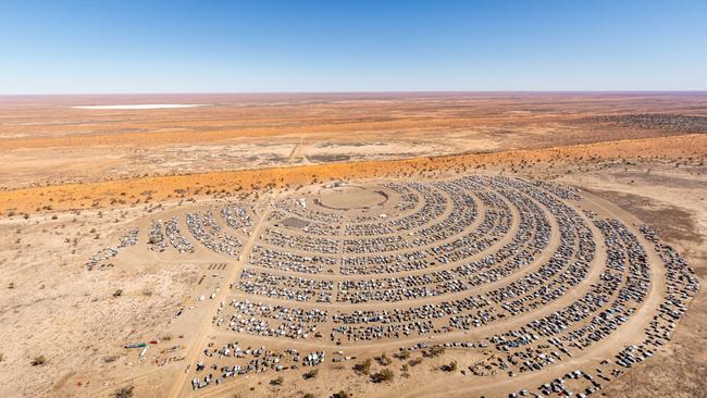 An aerial shot of the Big Red Bash music festival, set against the ‘Big Red’ sand dune in the Simpson Desert, Queensland, in July 2021. Picture: Matt Williams