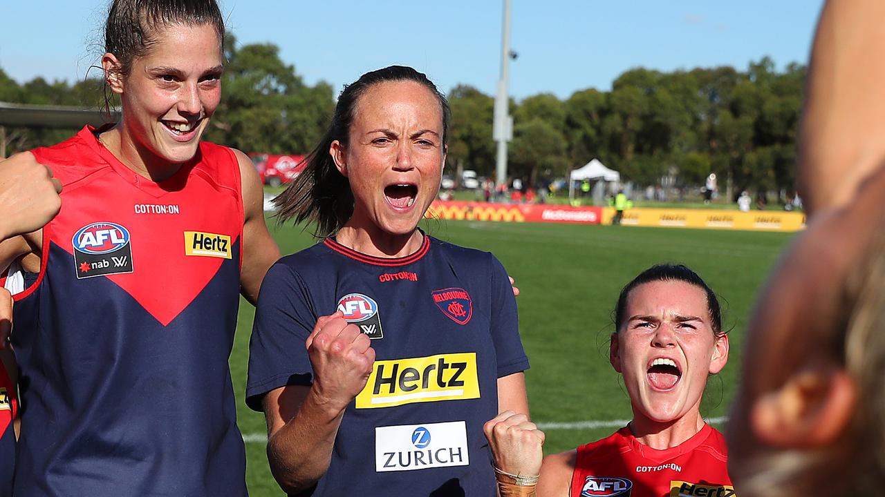 Pearce celebrates victory with her teammates at Casey Fields at the weekend.