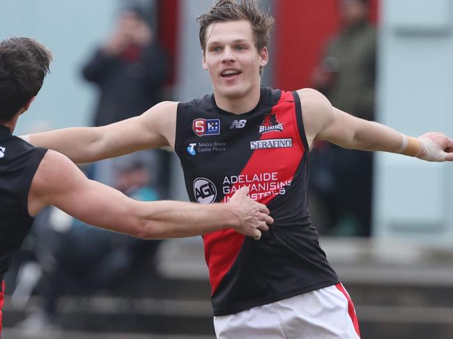 Josh Gore from West Adelaide reacts after scoring a goal. Picture: SANFL Image/David Mariuz.