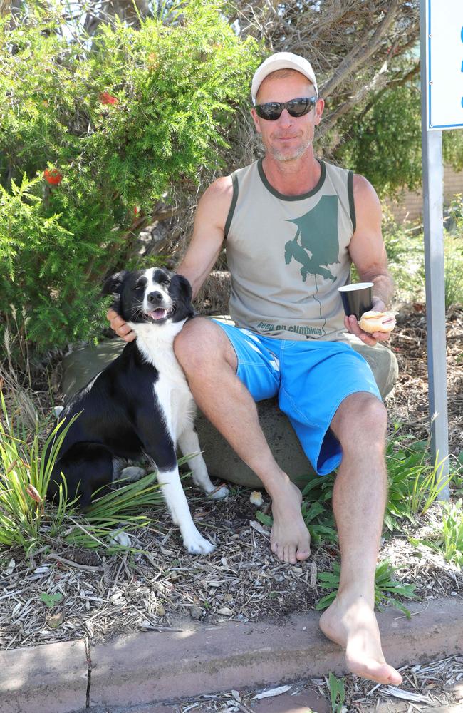 Apollo Bay fire evacuee Charlie Thompson and Minnie at Apollo Bay Refuge. Picture: Mark Wilson.