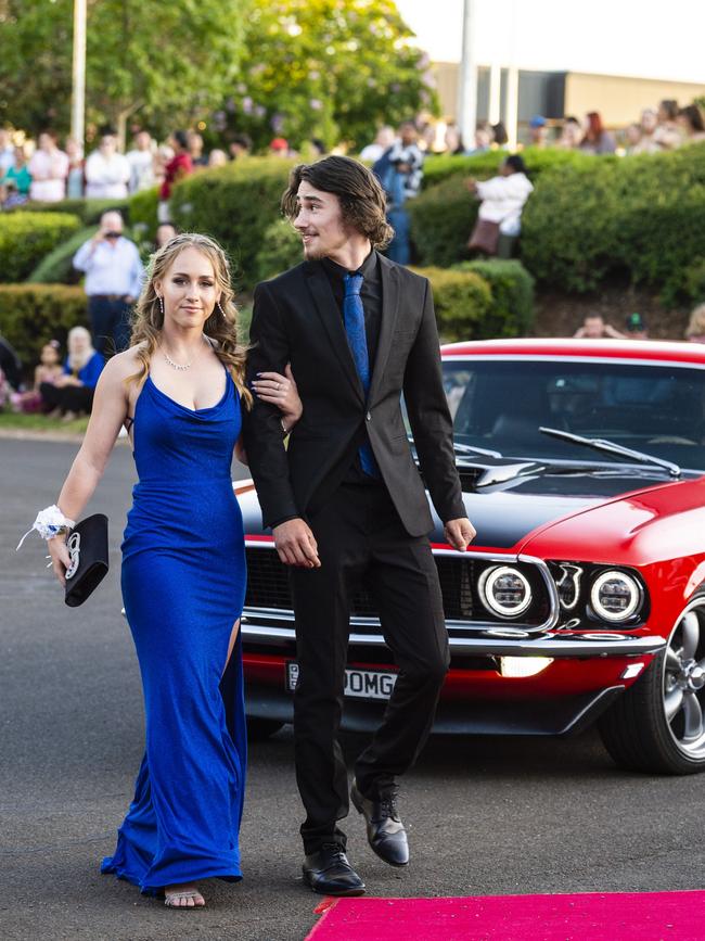 Adina Mason and Noah Mould arrive at Harristown State High School formal at Highfields Cultural Centre, Friday, November 18, 2022. Picture: Kevin Farmer