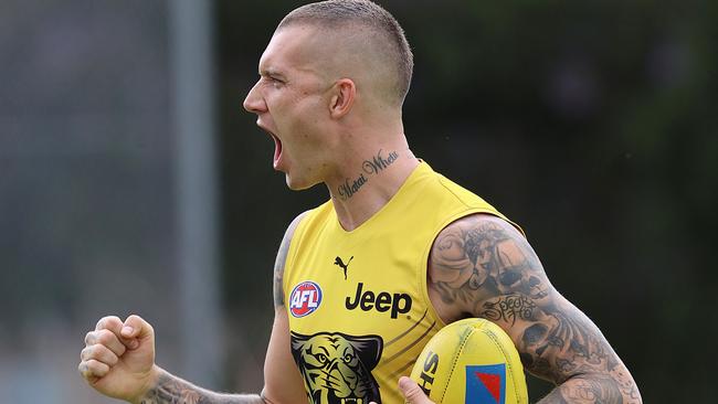 Dustin Martin gets fired up at Richmond training on Thursday. Picture: Michael Klein