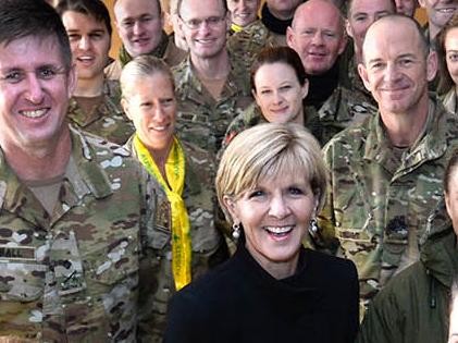 *** STRICTLY EMBARGOED UNTIL 1AM ** POOL IMAGE, Foreign Minister Julie Bishop visits Australian Troops in Afghanistan on Australia Day. Picture by Justin McManus