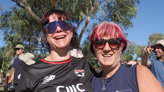 Melissa Thomson and Gail Goldberg at Traeger Park, Alice Springs, for the Demons Saints game on June 1, 2025. Picture: Gera Kazakov